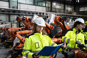 Business or engineer Caucasian woman holding document with robot arm background