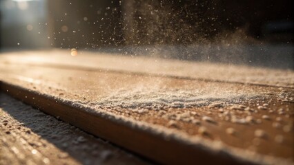 An extreme closeup of the sanding surface revealing the grains of sandpaper wearing down surrounded by a light cloud of drywall dust that catches the light.