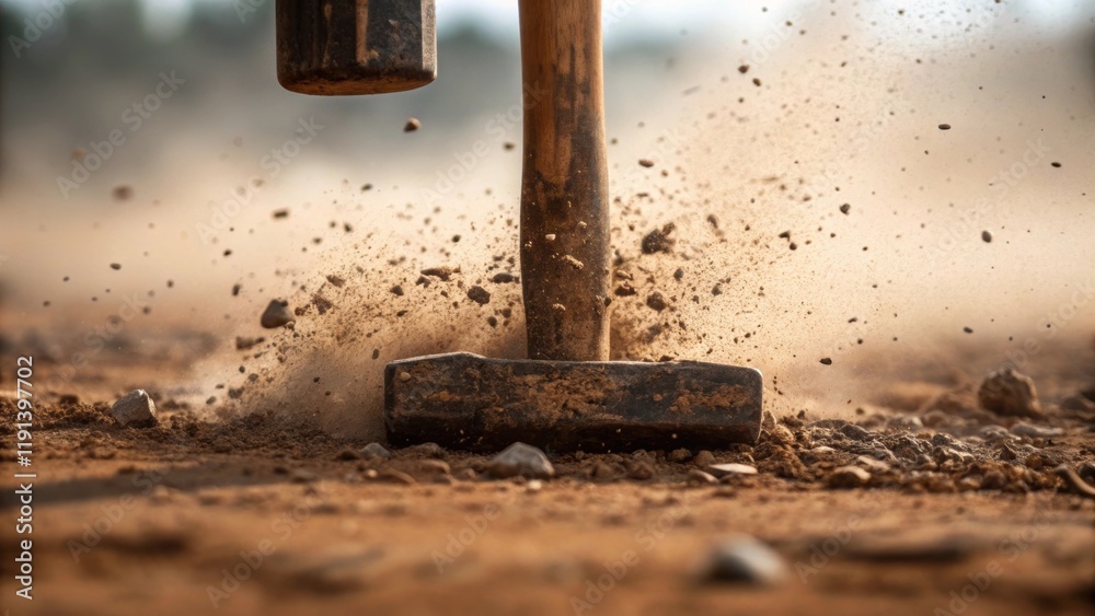 Poster An intense closeup capturing the vibration of the ground as the hammer strikes down with particles of dirt and debris erupting upwards symbolizing the force and impact of