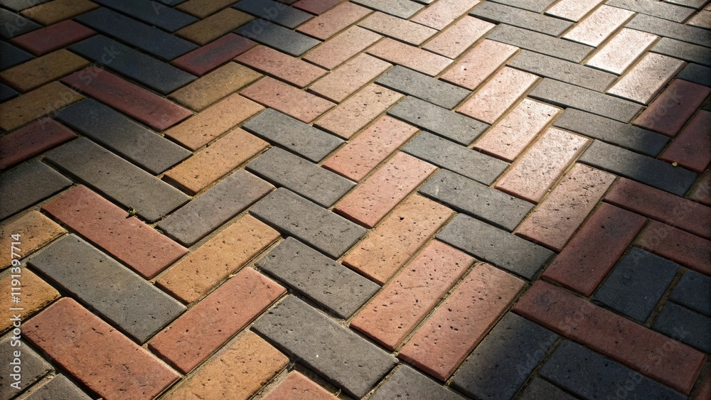 Poster An image showcasing a zigzag pattern of bricks laid in a herringbone style emphasizing the dynamic interplay of light and shadow across the wedgeshaped gaps filled with dark
