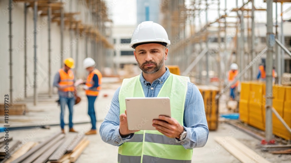 Poster An inspector wearing a hard hat standing on a construction site using a digital tablet to compare architectural designs against the work in progress around him.
