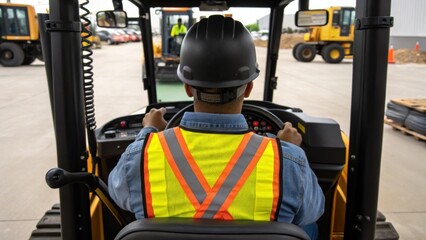 An instructor demonstrating proper ergonomics and posture while sitting at the controls of a backhoe aiming to educate students on safety practices during operation.