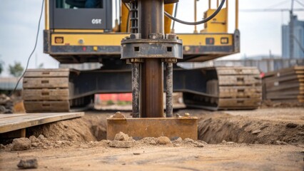 An intense shot of the pile drivers base anchored securely to the ground capturing the vibrations and forces at play as the machine prepares to deliver another blow to the