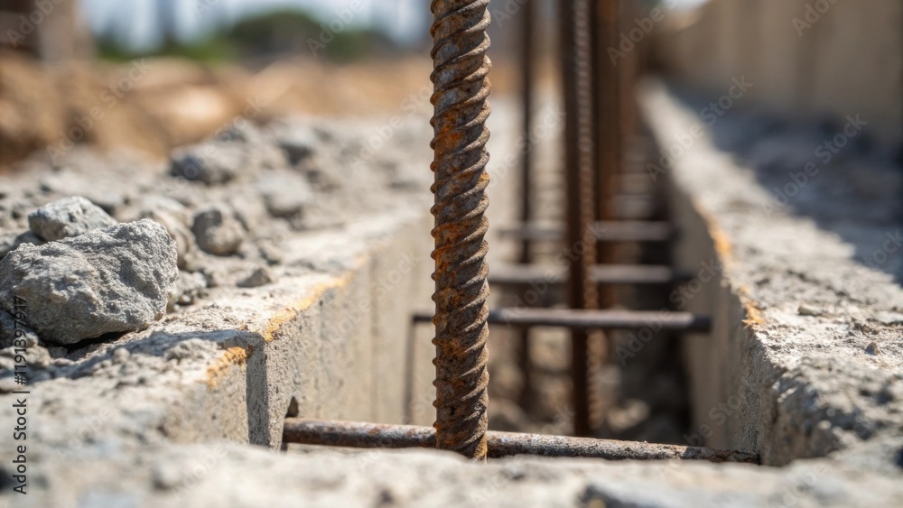 Poster An intricate closeup of rebar peeking out from a concrete pour showcasing the rough surface of the steel and the way it intertwines with the setting concrete indicative of strong