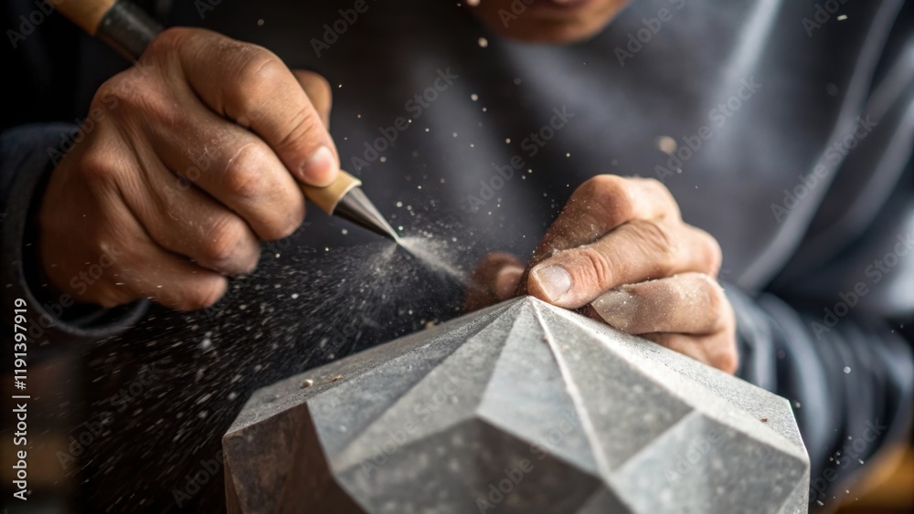 Poster an intricate closeup of an artisan chiseling a piece of gray stone revealing the sharp edges and fin