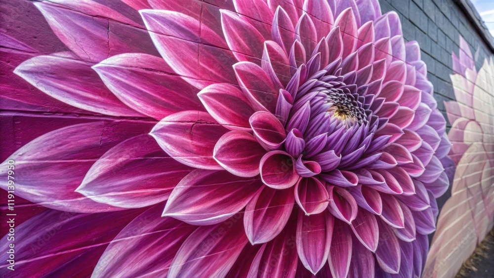 Poster an intricate closeup of a painted flower mural where bold magenta and purple hues intersect each pet