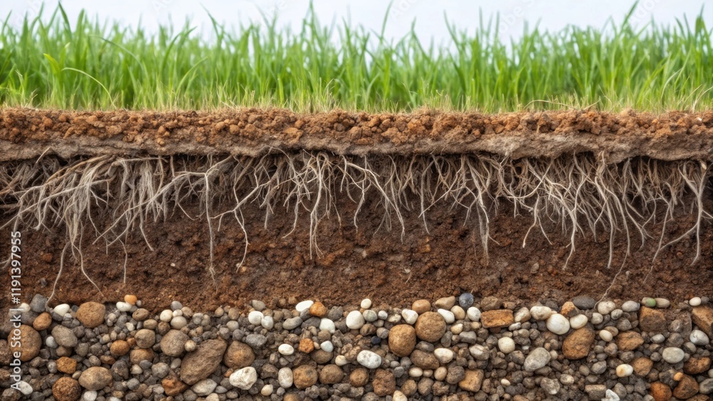 Poster An intricate closeup of soil layers within a green roof system displaying rich organic matter and root networks interwoven with small pebbles illustrating the foundation of