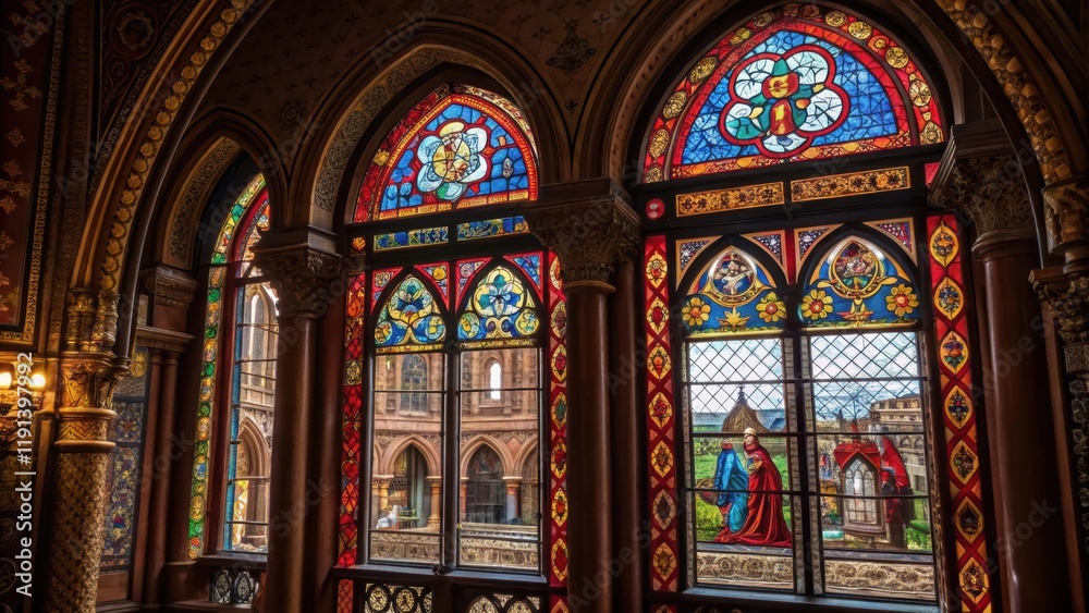Aufkleber an intricate closeup of stained glass windows depicting historical scenes set within a victorian str