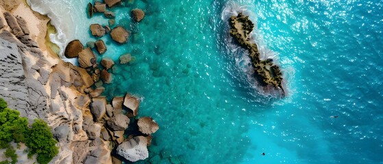 Obraz premium Aerial View of Turquoise Waters and Rocky Shoreline with Clear Ocean