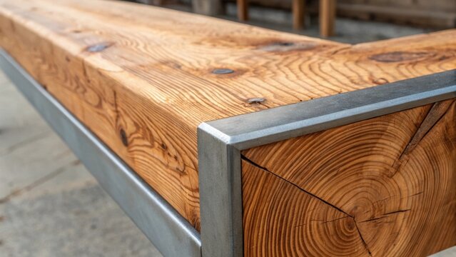 An intricate closeup of a wooden beam revealing its rich organic swirls and natural knots while a sharp angular metal edge intersects it at an ae angle illustrating the harmony and