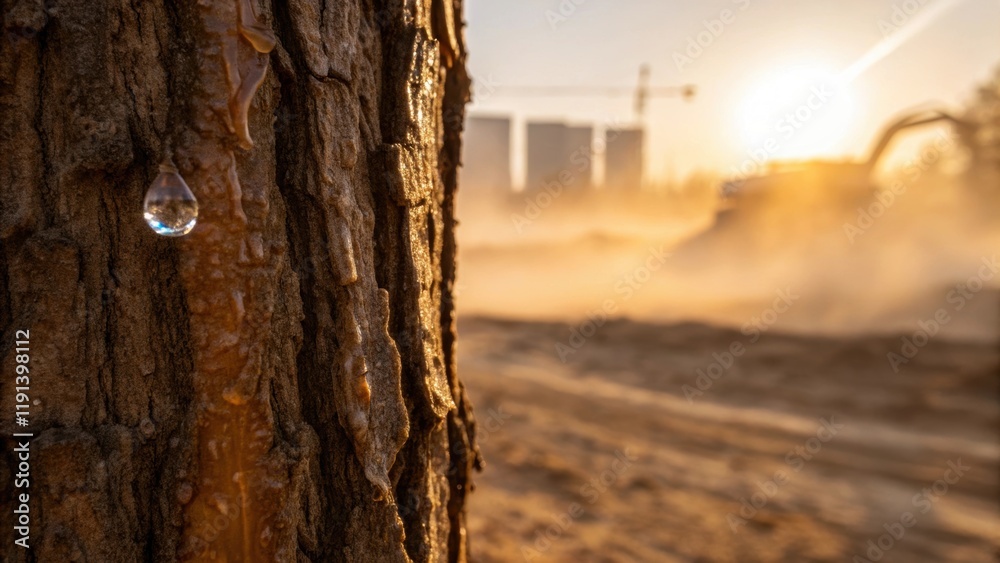 Aufkleber an intricate shot of tree sap glistening in the sun surrounded by a halo of dust from nearby constru
