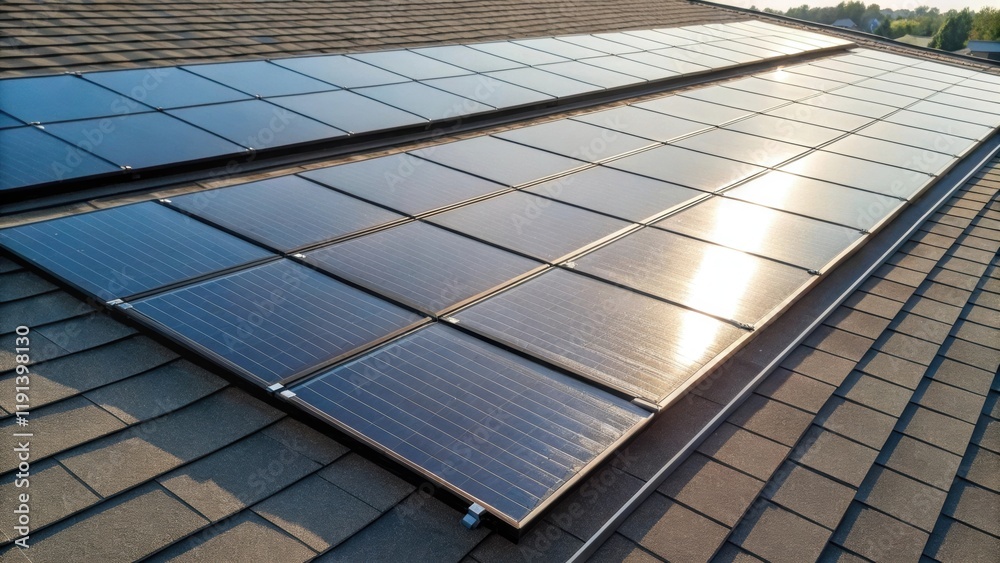 Poster An overhead closeup of a flat roof featuring reflective solar panels arranged in neat rows. The surfaces uniform texture is complemented by the glint of sunlight showcasing modern