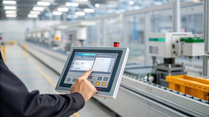 An operator interfaces with a touchscreen panel adjusting the parameters of an automated assembly line while machinery goes to work in the background demonstrating seamless