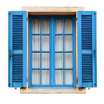 Blue modern window with shutters isolated on white and transparent background