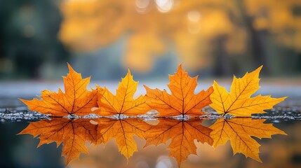 Fototapeta premium Four Autumn Maple Leaves Float On Water