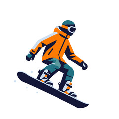 A colorful illustration of a snowboarder in an orange jacket mid-air, showcasing energy and adventure, perfect for winter sports and active lifestyle themes. Isolated vector illustration.
