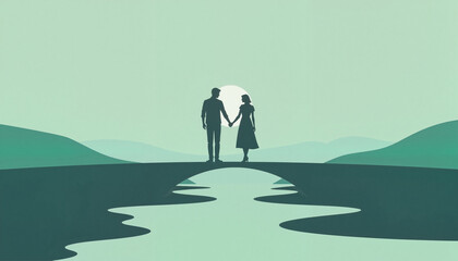 Obraz premium Couple holding hands on bridge against serene landscape