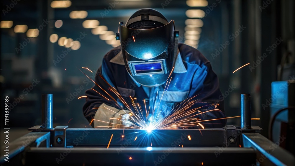 Poster a welder clad in protective gear adjusts the settings on a hightech welding machine while sparks fly