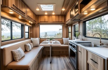 Fototapeta premium A spacious and well-designed RV interior featuring an open-concept kitchen and dining area with natural wood cabinetry