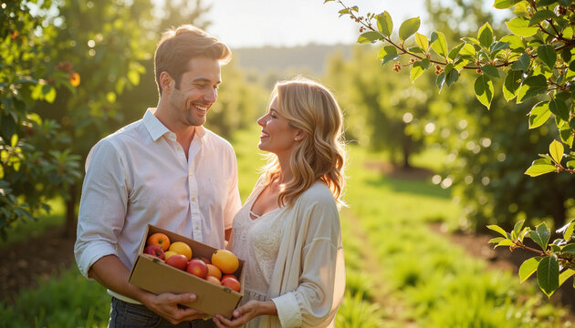 Smiling couple holding apples in sunny orchard