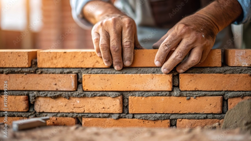 Poster Brick Laying Technique A closeup of a masons hands skillfully laying bricks with precision the mortar oozing slightly between the bricks. The texture of the bricks and the subtle