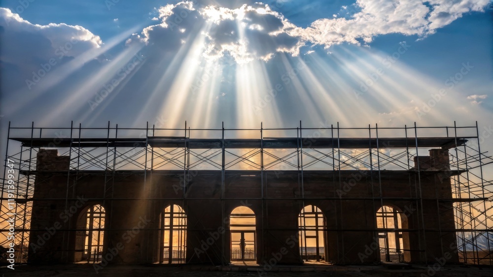 Aufkleber Bright shafts of light filter through the openings in the scaffolding casting ethereal silhouettes that stretch across the building like tendrils of light inviting viewers to