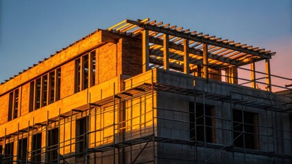 Bright waning light of sunset casts an amber glow over a halffinished building creating a striking contrast against the blue sky with shadows ing in corners and on uneven surfaces