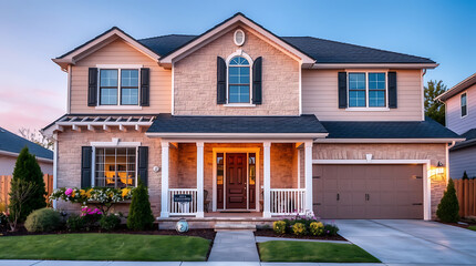 Fototapeta premium Luxury Two-Story House Exterior with Brick and Stone Facade, Modern Design, Landscaped Garden, and Attached Garage. Perfect Family Home in a Suburban Setting.