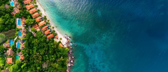 Fototapeta premium Aerial View of Tropical Beach with Villas and Clear Blue Water Resort