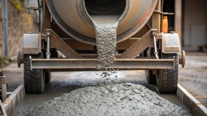 Cement Mixer in Action A closeup capturing a spinning cement mixer with a stream of wet cement pouring out demonstrating the behindthescenes process essential for the walls