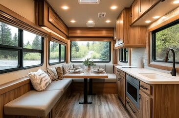  A spacious and well-designed RV interior featuring an open-concept kitchen and dining area with natural wood cabinetry