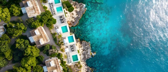 Aerial View of Tropical Resort with Pools and Crystal Clear Water