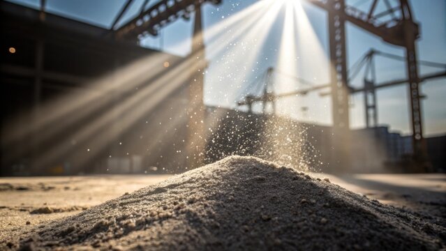Closeup capturing the crystalline grains of concrete dust suspended in the air illuminated by beams of sunlight filtering through the shadows of towering cranes creating a dynamic