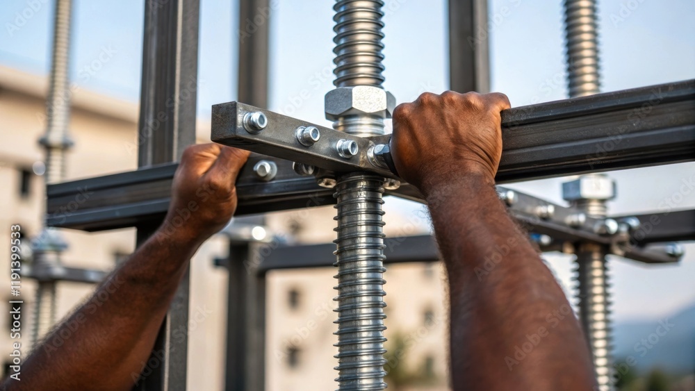 Poster closeup image of bolts being tightened on a large frame depicting the laborintensive assembly of the