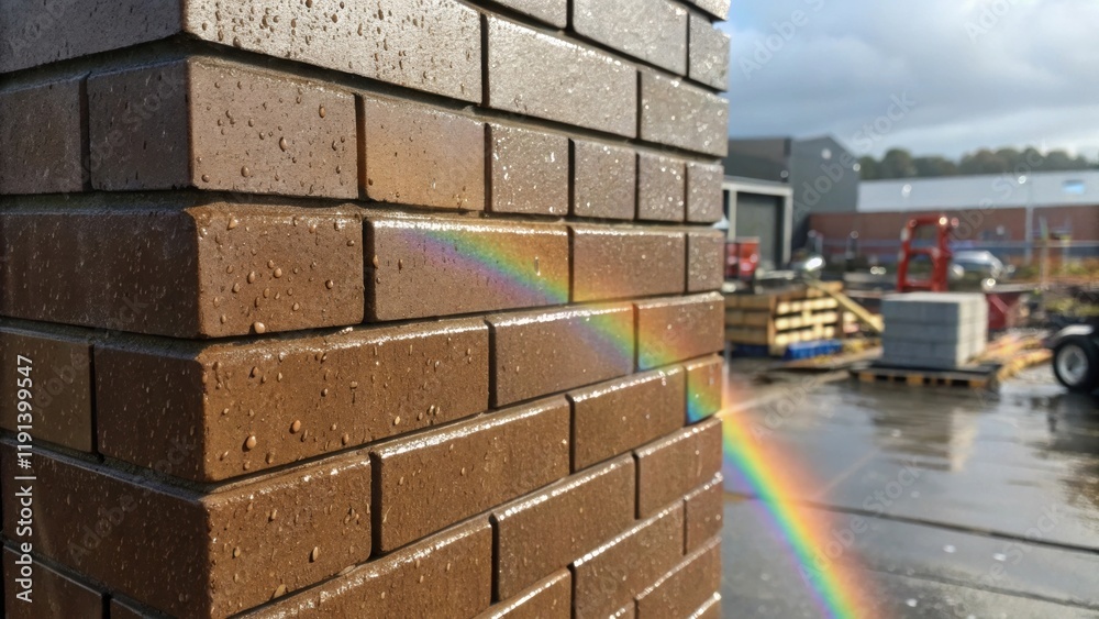 Poster closeup of a brick wall wet from the rain with a faint reflection of the rainbow shimmering across i