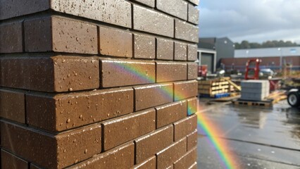 Closeup of a brick wall wet from the rain with a faint reflection of the rainbow shimmering across its surface symbolizing resilience amid construction chaos.