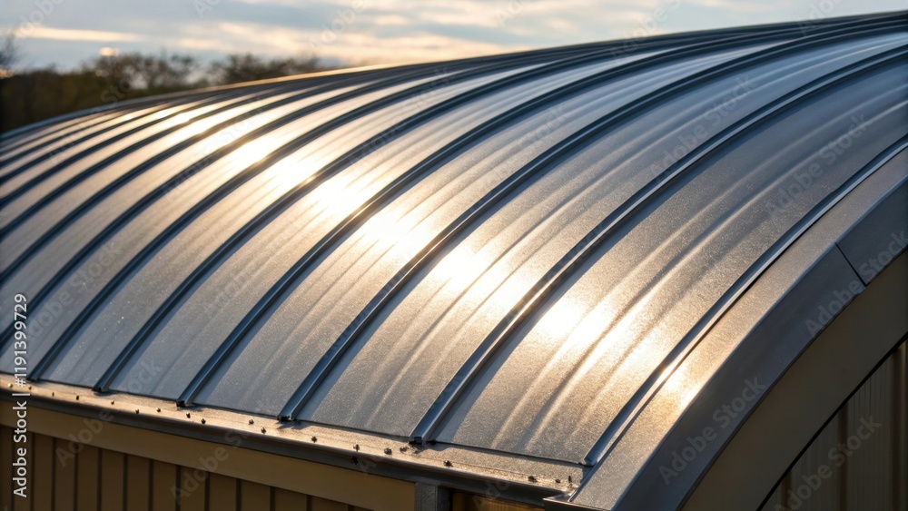 Poster Closeup of a curved roof structure where sunlight catches the metallic sheen of the surface accentuating its gentle contours and creating a dynamic play of light across the arc.