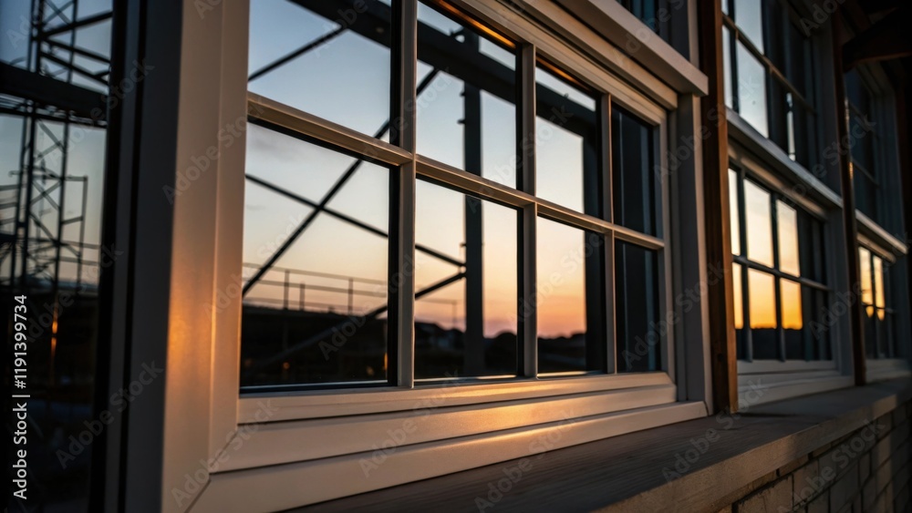 Aufkleber Closeup of a freshly installed window frame its clean lines sharply outlined by the dark angular shadows of the construction site while the evening light casts a soft glow on the