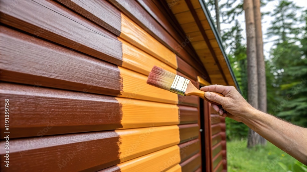 Poster closeup of a hand brushing paint on the cabins exterior capturing the smooth strokes vibrant color a