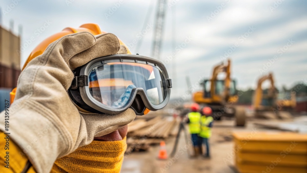 Poster Closeup of a hand adjusting protective goggles before starting a task signifying personal responsibility in adhering to safety protocols amid the busy construction environment.