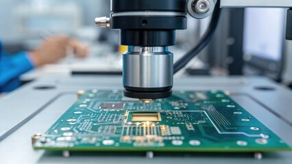 Closeup of a digital microscope focusing on a circuit board highlighting detailed components and connections as a technician reviews it for flaws in workmanship and soldering