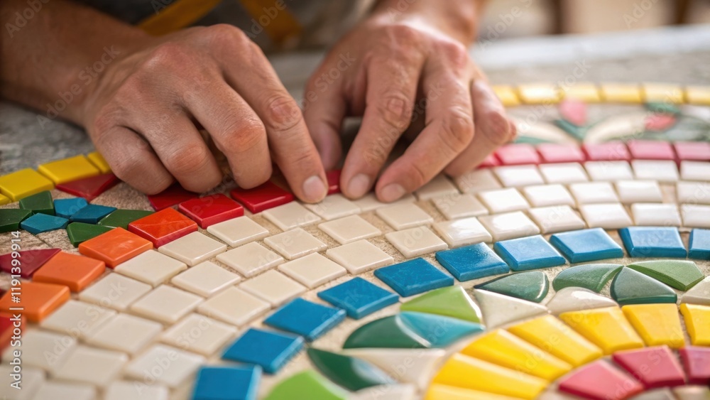 Poster Closeup of an artisan installing mosaic tiles with hands carefully positioning colorful pieces into a patterned design. The varying shapes and textures of the tiles add an artistic