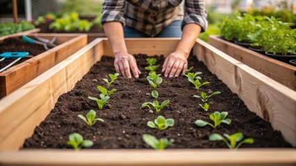 Closeup of a resident applying finishing touches to a raised garden bed with fresh soil and seedlings visible representing commitment to sustainability and local food growth.