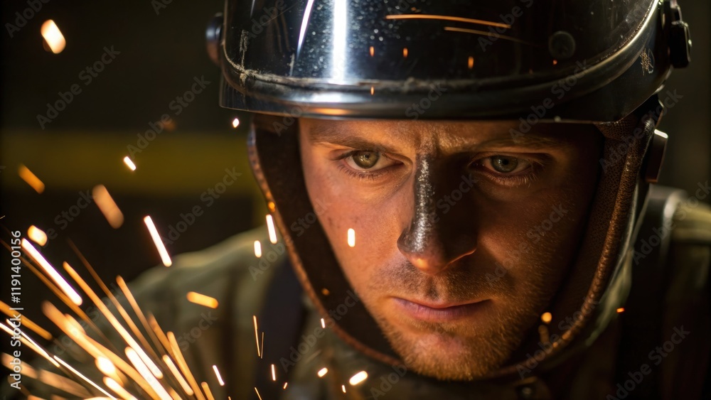 Poster closeup of a welders face beads of sweat visible as warmth from the sparks radiates embodying the de