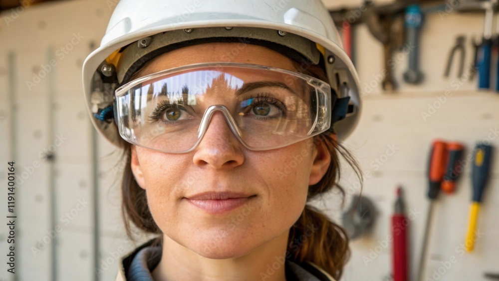Poster closeup of a womans face her protective eyewear reflecting construction activity revealing a blend o