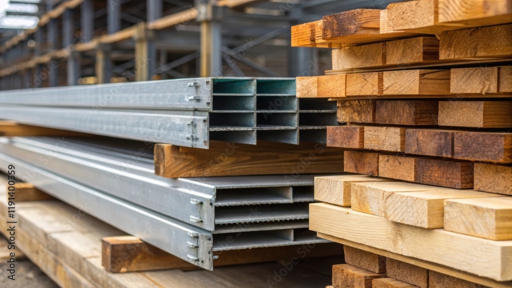 Poster closeup of construction materials stacked neatly on a site with textures ranging from steel beams to