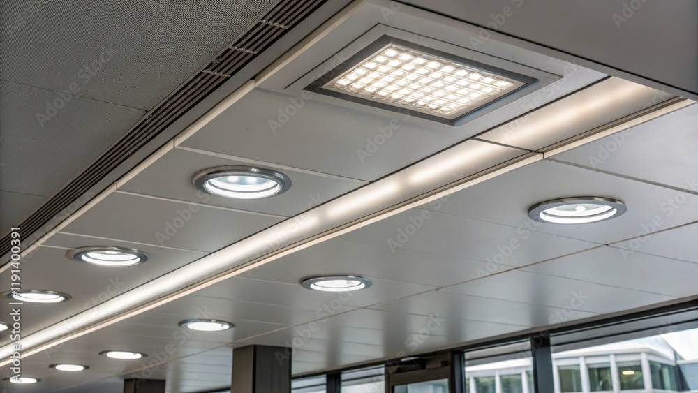 Poster Closeup of energyefficient LED light fixtures embedded in a modern ceiling highlighting their role in reducing electricity consumption in the building.