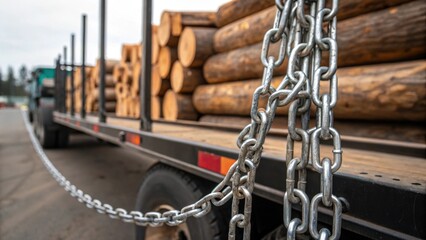 Naklejka premium Closeup of chains securing a load of logs on a flatbed truck highlighting the industrial elements of the delivery process with a backdrop of lumber waiting to be unloaded.
