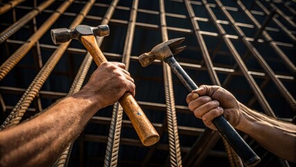 Closeup of construction workers hands gripping tools surrounded by angular shapes of metal and wood highlighting the human element amidst the architectural abstraction.