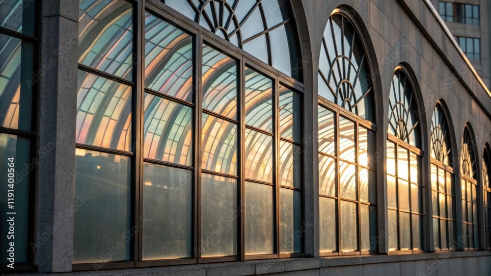 Poster Closeup of glass windows where sunlight creates intricate patterns of refraction with muted colors reflecting vividly against the sleek modern lines of the architecture.